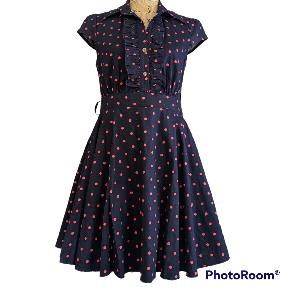 Fit Flare Dress Lg 50s Pinup Blue Orange Polka Dot Ruffles Pleats Y2K cap sleeve